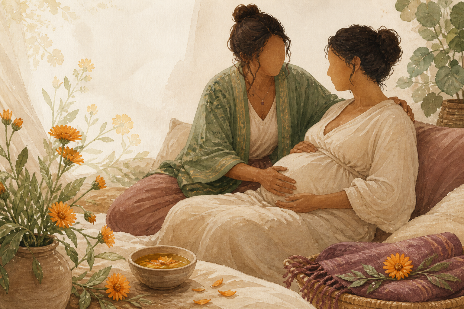 Acompañamiento de doula entre flores de caléndula